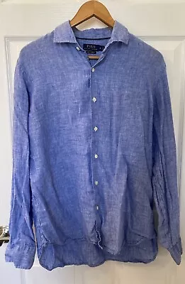 VTG Ralph Lauren Mens Shirt L  Blue Linen Chambray Spread Collar  Long Sleeve • $39