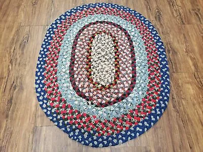 Oval Braided Rug Vintage Hand Braided Rug Blue Oval Rug Small Oval Rug • $299.40