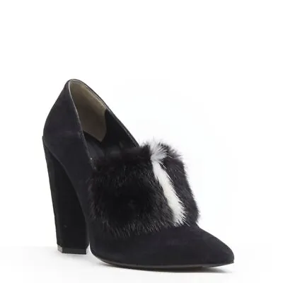 FENDI Black Suede Black White Mink Fur Front Point Toe Chunky Heel Pump EU37.5 • $198