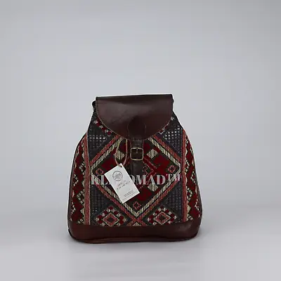 Backpack Kilim Leather Vintage Design Moroccan Carpet Bag Handmade Rustic Brown • $109.99