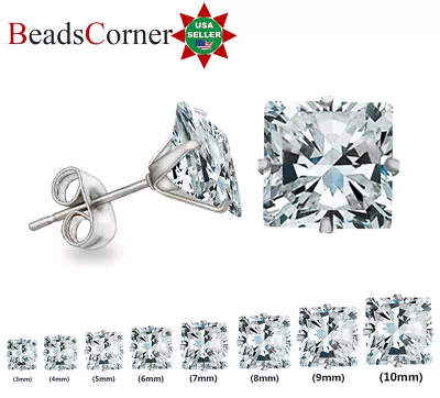 Surgical 316L Stainless Steel Stud Earrings Cubic Zircon Square Men Women 2PC • $6.50