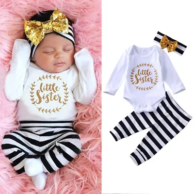 Newborn Baby Girl Romper Bodysuit Stripe Pants Headband Outfits Clothes Set • $17.99