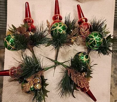 Vintage 11  Christmas Pick W/Greenery Jingle Bells Red/Gold & Green Ornaments • $3.74