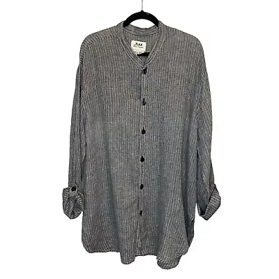 FLAX Men’s M Linen Tunic Shirt Band Collar Gray Stripe Relaxed Fit Long Untuck • $29.88