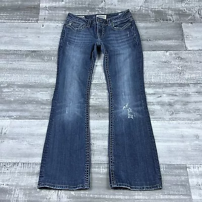 MEK Denim Jeans Womens 28x32 Low Rise Boot Cut Distressed Wash Flap Pocket • $18.95