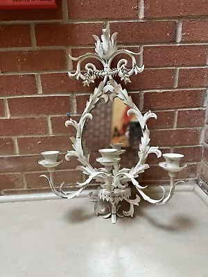 Vintage White Italian Tole Toleware Mirror Sconce - 3 Lights • $45