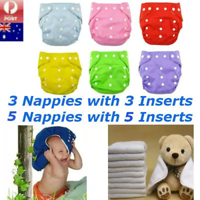 5 X Reusable Baby Modern Cloth Nappies Diapers Adjustable Washable + Inserts  • $28.95