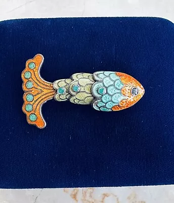 Vintage Sterling Margot De Taxco Orange Blue Enamel Articulated Fish Brooch • $170