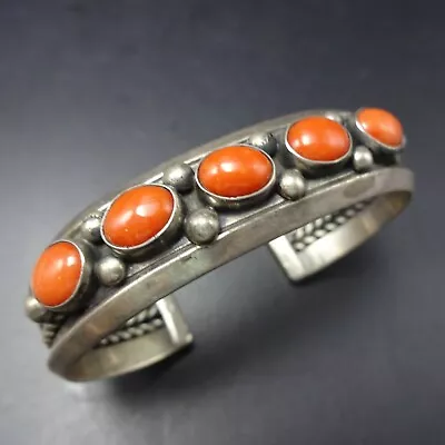 Heavy Vintage OLD PAWN Sterling Silver RED MEDITERRANEAN CORAL Cuff BRACELET • $729