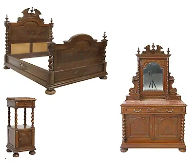 Antique Bedroom Set Louis XIII Style Set Of 3 Bed Stand Dresser  1800s! • $4702.74