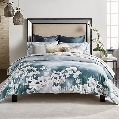 $645 Michael Aram Orchid Sky Cotton Satin Lily Flower King Duvet Cover Teal Blue • $179