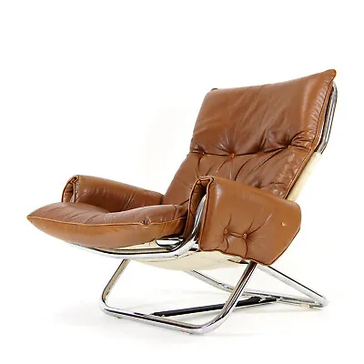 Retro Vintage Danish Chrome & Leather Lounge Easy Chair Armchair 70s Mid Century • £745