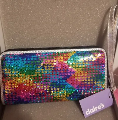 Claires Girls Women's Rainbow Sequin Zip Around Wallet Clutch Wrist Strap NWT  • $12.99