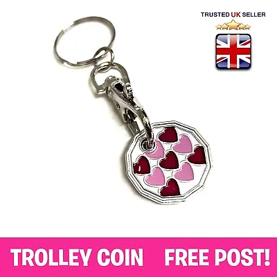 PINK HEARTS BFF Love Shopping Trolley £1 Pound Coin Token Fob Keyring Keychain • £1.89