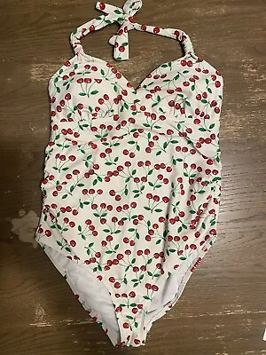 Motherhood Maternity Medium One Piece Bathing Suit White With Red Cherries • $15
