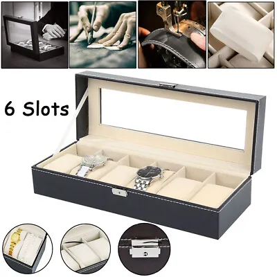 6 Grids Men Leather Glass Jewelry Box Watch Display Case Organizer With Lock UK • £8.79