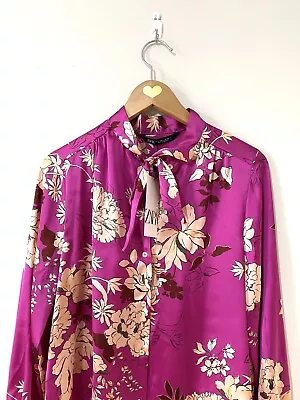 Zara Vibrant Pink Satin Floral Shirt Blouse L/12 Bloggers Fav BNWT • £39.99