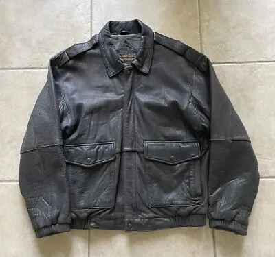 Eddie Bauer Jacket Black Leather Lined Bomber Full Zip Size Men’s Medium • $99.99