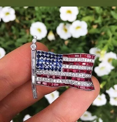 2.00Ct Lab Created Ruby & Diamond American Flag Brooch Pin 14k White Gold Plated • $126