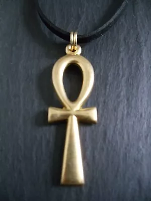 Ankh Necklace Pendant Adjustable Cord Gold Brass Egyptian Key Of Life Cross Gift • £8.50