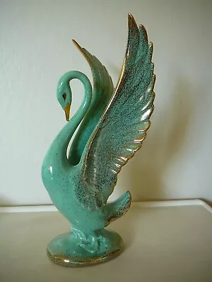 Lovely Vtg Green Turquoise W Gold Accent Mid Century Pottery Swan Figurine-14  H • $39.99