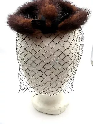 Vintage Black Velvet Hat Brown Mink With Black Net Veil • $16.99