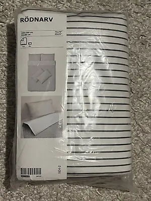 IKEA Rodnarv Double Size Duvet Cover & 4 Pillowcases White Grey Striped Bedding • £42