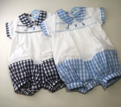 £11.99 • Buy Baby Boy Romper Blue  Check Smocked Embroidered Spanish Style 0-3m 3-6m 6-9month