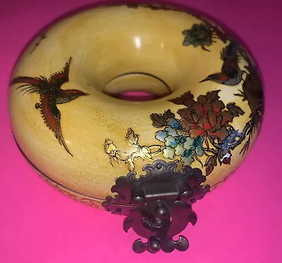 Vintage Asian Wooden Jewelry Box Doughnut Yellow Bird Handpainted • $50