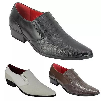 Mens Snakeskin Emboss Leather Loafers Retro Pointy Cuban Heel Slip On Party Shoe • £34.99