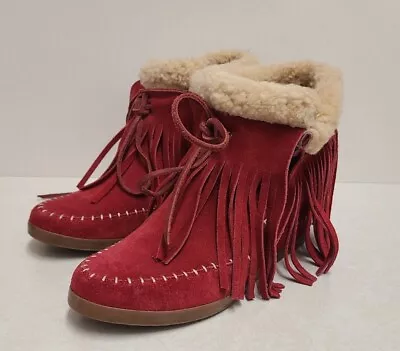 Koolaburra Shearling Hidden Platform Wedge Red Fringe Moccasin Boots Size 11 • $48.99