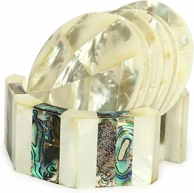 White Marble Coaster Set With Abalone Shell Semi Precious Kitchen Decor • $269.10