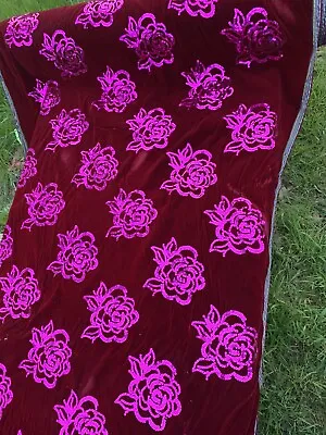 Vintage Eagle Double Velvet Red/Maroon Fabric Pink Sequin Roses By The Yard • $24