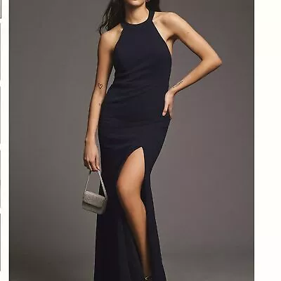 BHLDN Anthropologie Black Juliana High-Neck Side-Slit Stretch Crepe Maxi Dress 6 • $124.98