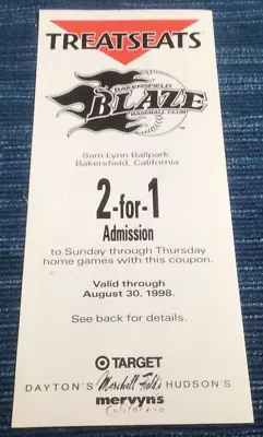 Bakersfield Blaze 1998 Ticket Coupon MILB Defunct Baseball Team ~868A • $4.95