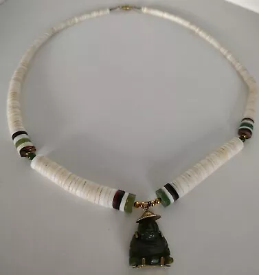 Vintage Green Jade? Buddha Pendant White Beads Pucca Necklace • $55