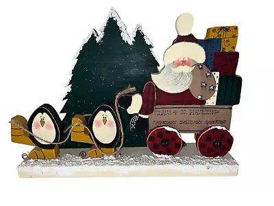 Wood Santa In Wagon Pulled By Penguins Shelf Décor • $23.99