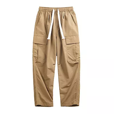 Retro Men Loose Straight Leg Pants Solid Color Multi-pocket Waterproof Trousers • $65.21