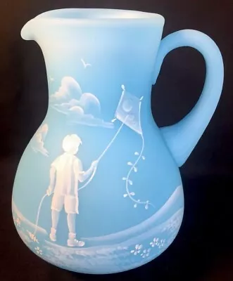 Fenton HandPainted Blue Satin Pitcher Mary Gregory  A Cloudy Day For Flying  LTD • $204.22
