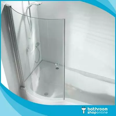 P Shape Shower Bath Screen Curved Glass Bath Screen Hinged Chrome Knob • £119.95