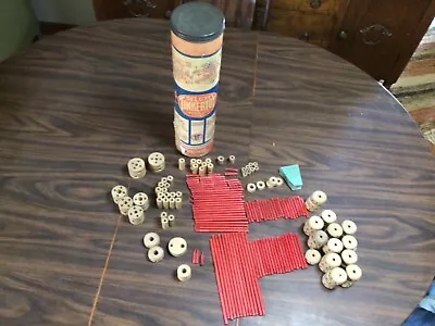 Vtg Spalding Tinker Toy Set  Raw Wood Windless Drive W/ Tube & Lid 200 Pieces • $20