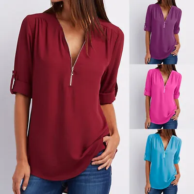 Women Long Sleeve Shirt Zipper V Neck Pullover Blouse Solid Tops Casual Clothes • $11.99