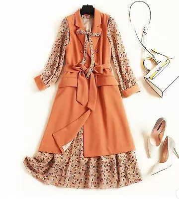 £39 • Buy Long Sleeve Print Chiffon Dress And  Vest Coat 2Piece Set
