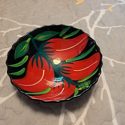 Hot Pepper 4  Bowl Painted Mexico Black Red Peppers Keys Spare Change Signed • $12