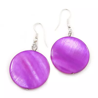 Coin Shape Shell Bead Drop Earrings In Silver Tone/ Purple - 40mm Tall • £9.99