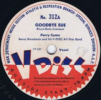$10.42 • Buy 78 Rpm PERRY COMO Goodbye Sue JOHNNY MERCER US 1944 V-Disc 312 12 