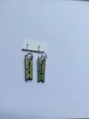 Earrings Green Wood Mini Pegs Handmade • £3