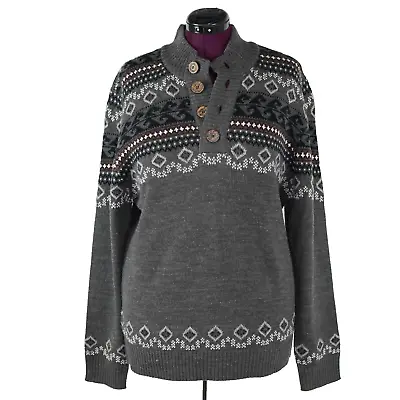 I Jeans Buffalo David Wool Blend Sweater Mens Sz L Gray Nordic Fair Isle Buttons • $2