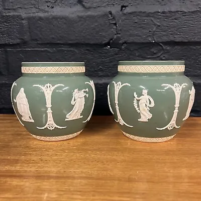 Pair Of Antique Adams Tunstall Imperial Jasperware Green Vases A/F B186 • £24.99