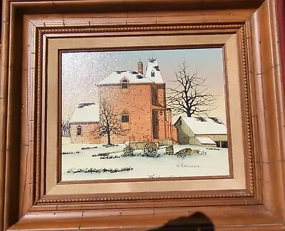 H. Hargrove Oil Painting Winter Scene Barn House Wagon Framed Signed Cracks  • $34.98